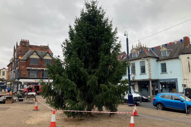 The Christmas tree installed in Melton's Market Place ahead of the town's festive celebrations EMN-211211-122948001