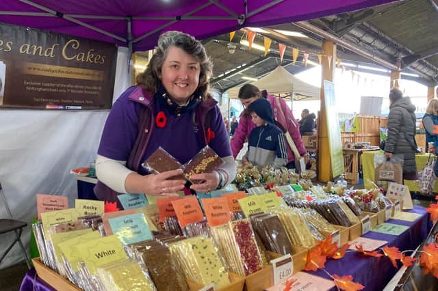 Cathy Wright shows off some of her tasty treats on the Cathy's Chocolates and Cakes stall at ChocFest EMN-211115-105717001