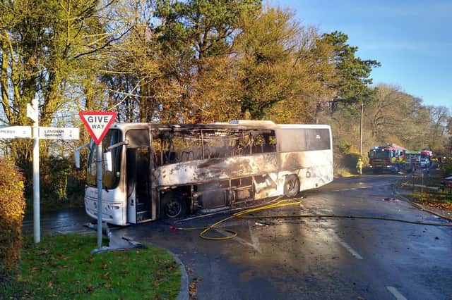The fire-ravaged coach following the incident this morning near Cold Overton EMN-211123-134830001