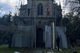 St Mary Magdalene Church, in the grounds of Stapleford Park Hotel pictured a few days ago with scaffolding to enable essential repair works to take place EMN-210812-101120001