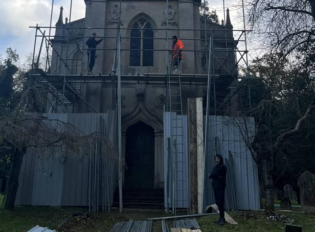 St Mary Magdalene Church, in the grounds of Stapleford Park Hotel pictured a few days ago with scaffolding to enable essential repair works to take place EMN-210812-101120001