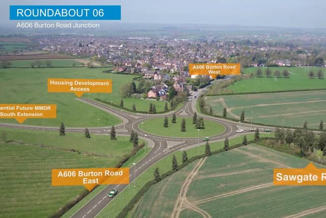 A computer-generated drone flight over the proposed Melton Mowbray Distributor Road (MMDR) showing where the road would end, at a new junction with the A606 Burton Road EMN-210812-110949001