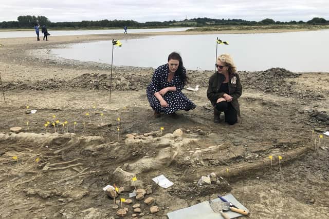 Rutland and Melton MP, Alicia Kearns (left) and Lord Lieutenant of Rutland, Dr Sarah Furness, get a close up look at the remains of a prehistoric sea dragon at Rutland Water EMN-221001-093031001