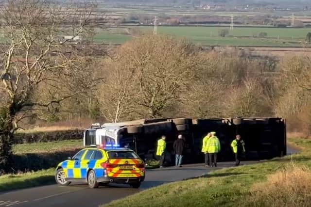 A lorry blocks the road near Stathern after overturning this afternoon
PHOTO Ben Gregory EMN-220113-152457001