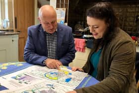 Melton Borough Council leader Joe Orson examines the route of the approved Melton Mowbray Distributor Road (MMDR) with Rutland and Melton MP, Alicia Kearns