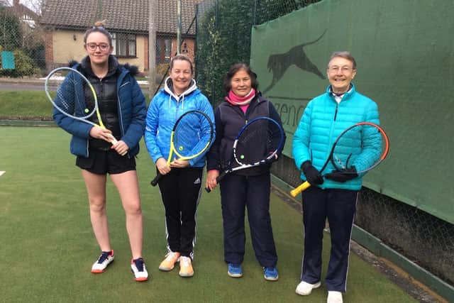 Hamilton ladies first team who have won promotion. From left: Emily Harrison, Penny Hallam, Polly Dolby and Margret Roskell