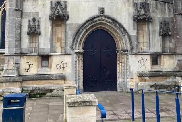 Graffiti daubed on Melton's historic St Mary's Church today EMN-220125-171727001
