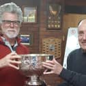 Retiring seniors captain Mike Thornton presents the Bagshaw Bowl to Jim Price (left).