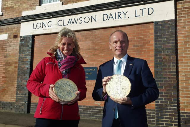Minister for exports, Mike Freer MP with NFU president Minette Batters during the meeting at Long Clawson Dairy EMN-220128-092854001