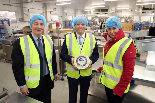 Minister for exports, Mike Freer MP, pictured at a meeting at Long Clawson Daory with Kim Kettle, the dairy's production and quality director, and NFU president Minette Batters EMN-220128-092835001