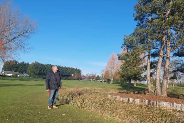 Colin Scarborough of C and C Plants inspects the island on one of Melton Golf Club’s feature holes, the 18 th. C and C are sponsoring the island which has been covered in ornamental bark and which will be planted up with low growing shrubs based on Colin’s expert advice.