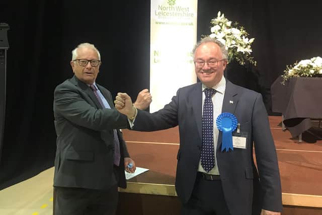 Leicestershire and Rutland Police and Crime Commissioner (PCC), Rupert Matthews (right) is congratulated on his election victory by his predecessor, Lord Willy Bach, last year EMN-220302-180959001