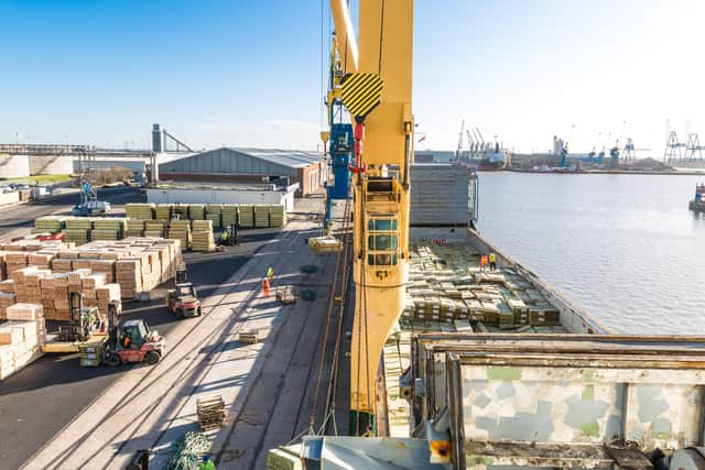 One of TTS’ ships unloading timber at the company’s terminal in Hull docks.