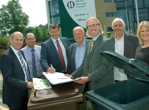 Melton Council leader, Councillor Joe Orson, and chief executive, Edd de Coverly, pictured in June 2018 with officials from Biffa, at the signing of the borough's new waste contract EMN-220214-162341001