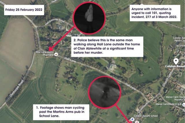A map detailing recent developments in the Notts Police investigation into the murder of Clair Ablewhite at Colston Bassett EMN-220503-124041001