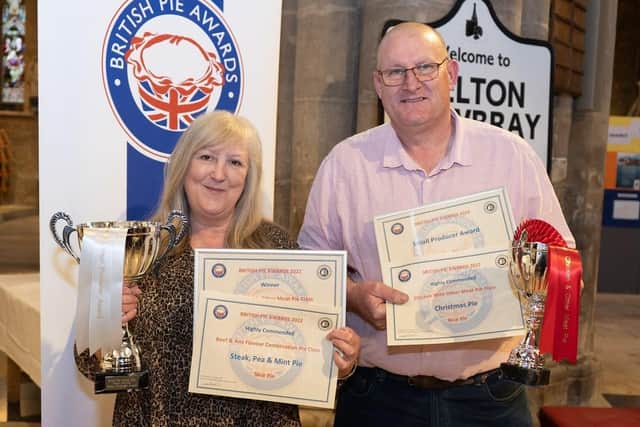 Phil and Kath Walmsley, of Old Dalby-based Nice Pie, celebrate successes in multiple categories at the British Pie Awards at Melton

PHOTO Martin Elliott - Mepics EMN-220314-132002001