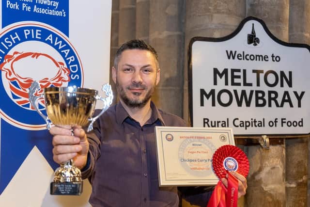 Lee Wakeham, of HM Pasties Ltd, celebrates the company winning the Vegan Pie category at the British Pie Awards at Melton

PHOTO Martin Elliott - Mepics EMN-220314-132023001