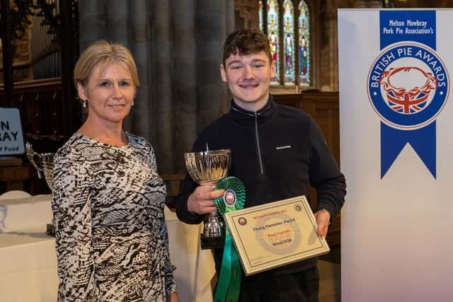 Melton BID manager Shelagh Core presents the young piemaker award to Paul Curran (WeeCook, Carnoustie) at the British Pie Awards at Melton
PHOTO Martin Elliott - Mepics EMN-220314-134744001