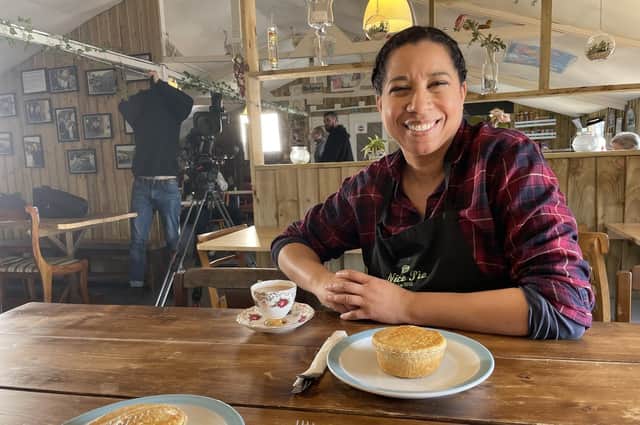 Countryfile television presenter Margherita Taylor pictured during filming at Old Dalby-based Nice Pie for the special episode featuring Melton's food heritage EMN-220316-095347001
