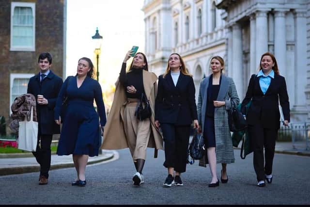 Ukraine MPs, Lesia Vasylenko, Alona Shkrum, Maria Mezentseva and Olena Khomenko with Melton MP Alicia Kearns during their diplomatic visit to London EMN-220318-165722001