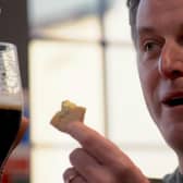 Matt Baker tastes beer and Stilton cheese at Round Corner Brewing in Melton during Sunday's Countryfile programme EMN-220323-132503001
