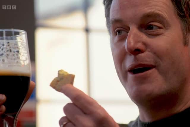 Matt Baker tastes beer and Stilton cheese at Round Corner Brewing in Melton during Sunday's Countryfile programme EMN-220323-132503001