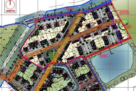 A graphic showing the layout of 77 proposed new affordable homes (bounded with red outline) and, to the south of the site, 90 affordable properties which already have planning permission