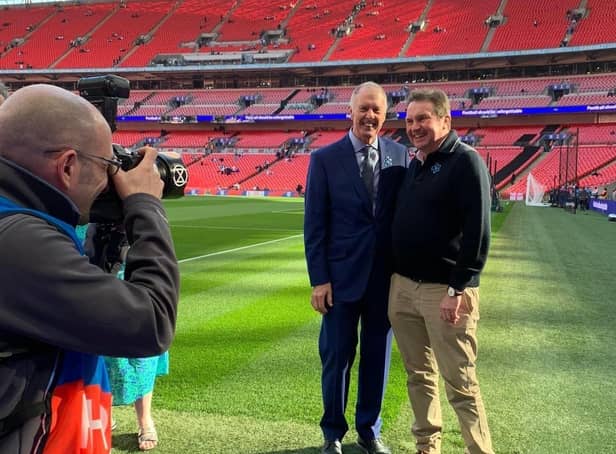 Steve Freer (right) pictured with England legend Geoff Hurst at Wembley before Saturday's match against Switzerland EMN-220330-122848001