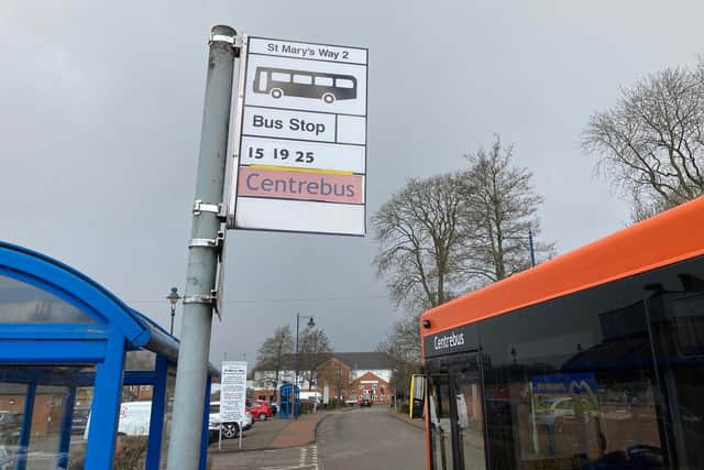 The bus stop in St Mary's Way, Melton, where passengers catch the Number 19 services running between the town and Nottingham EMN-220404-182436001