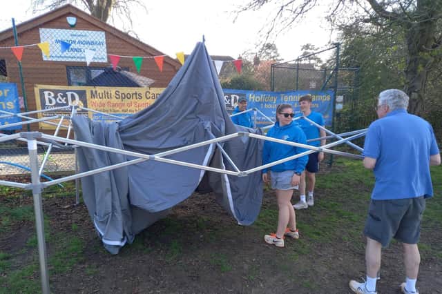 Melton Mowbray Tennis Club’s indoor campaign ended by being pipped by Market Bosworth. Attention now turns to outdoor action. Pictured are club member putting up the gazebo for the recent open day.