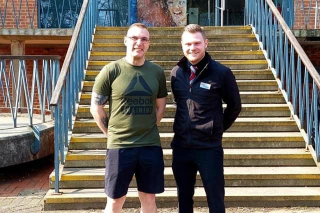 Mark Faulkner (left) with Everyone Active general manager, Myles Hickman, outside the Waterfield Leisure Centre at Melton Mowbray EMN-220413-135836001