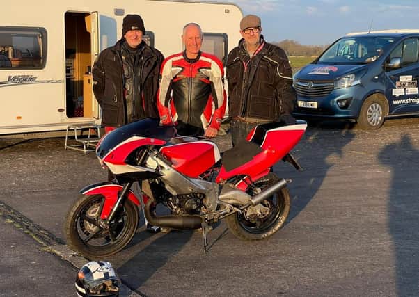Whissendine motorcyclists, Ian Arnold, Patrick Bramman and Richard Scott, pictured before they claimed more land speed records, on the runway at Kendrew Barracks in Rutland EMN-210419-114220001