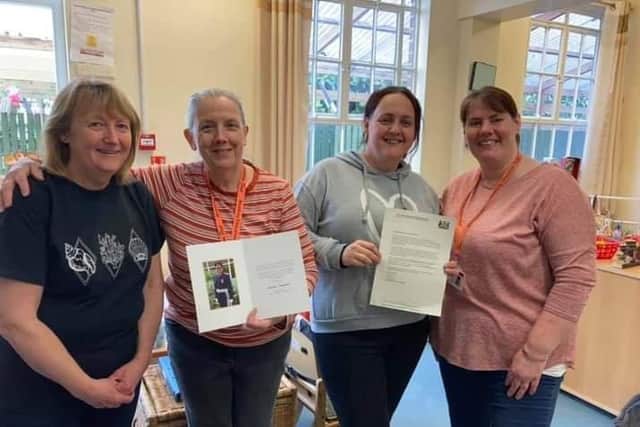 Oasis pre-School staff show off the letter from the Lord-Lieutenant of Leicestershire thanking them on their work during the coronavirus pandemic EMN-210419-181108001