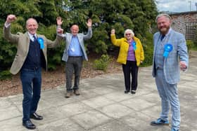 The elected members of Leicestershire County Council in the four Melton area divisions celebrate their success this afternoon, from left, Bryan Lovegrove, Joe Orson, Pam Posnett and Mark Frisby EMN-210705-141305001