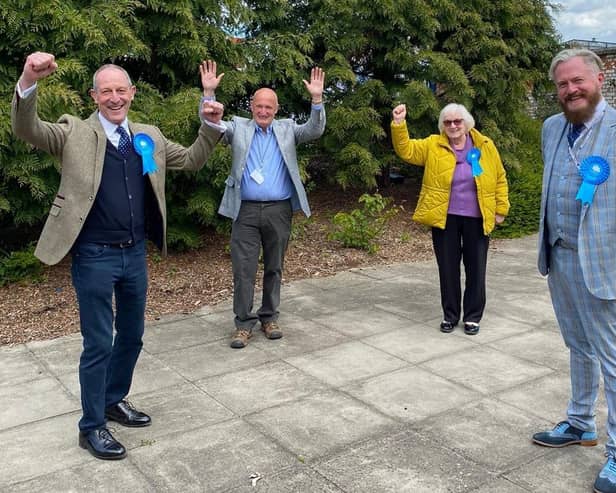 The elected members of Leicestershire County Council in the four Melton area divisions celebrate their success this afternoon, from left, Bryan Lovegrove, Joe Orson, Pam Posnett and Mark Frisby EMN-210705-141305001