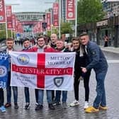 Melton friends Tom Harris, Tommy Henfrey, George and Tom Ingle, Ollie Hudson, Kyle Warrington, Alfie Farmer and Sam Bullimore pictured outside Wembley before they cheered Leicester City to FA Cup glory on Saturday EMN-210517-152918001