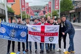 Melton friends Tom Harris, Tommy Henfrey, George and Tom Ingle, Ollie Hudson, Kyle Warrington, Alfie Farmer and Sam Bullimore pictured outside Wembley before they cheered Leicester City to FA Cup glory on Saturday EMN-210517-152918001