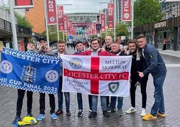 Melton friends Tom Harris, Tommy Henfrey, George and Tom Ingle, Ollie Hudson, Kyle Warrington, Alfie Farmer and Sam Bullimore pictured outside Wembley before they cheered Leicester City to FA Cup glory on Saturday EMN-210517-152918001