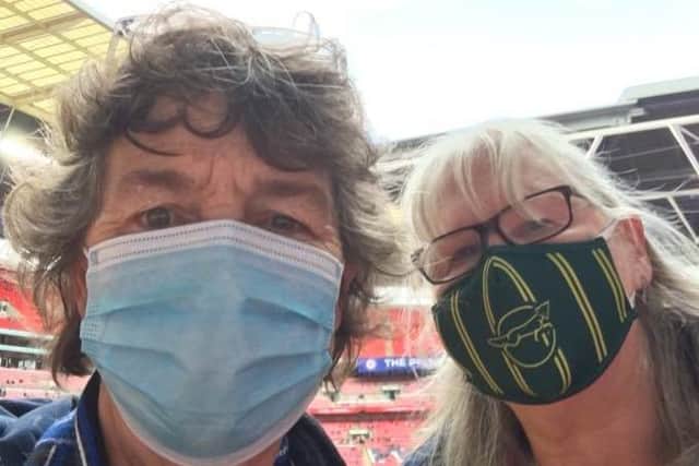 Melton woman Sue Lomas at Wembley with friend Helga cheering on Leicester City at Saturday's cup final EMN-210517-153948001