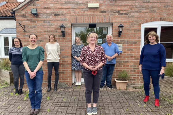 Staff at Dove Cottage Hospice, at Stathern, prepare to reopen, from left, back row - Ingrid (chef), Dora (fundraiser), Nicola (retail manager), Gordon (volunteer), Chris (chief executive); front row - Natasha (admin), Nicola (nurse manager) EMN-210521-104130001