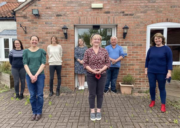 Staff at Dove Cottage Hospice, at Stathern, prepare to reopen, from left, back row - Ingrid (chef), Dora (fundraiser), Nicola (retail manager), Gordon (volunteer), Chris (chief executive); front row - Natasha (admin), Nicola (nurse manager) EMN-210521-104130001