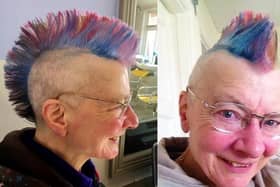 Frances Levett wth her eye-catching new mohican hairstyle which she hopes will raise thousands of pounds for her church EMN-210524-115539001