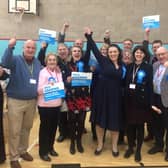 Rutland and Melton MP Alicia Kearns celebrates with Conservative supporters shortly after the result was declared at Melton Sports Village in December 2019 EMN-210806-090057001