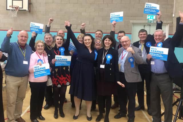 Rutland and Melton MP Alicia Kearns celebrates with Conservative supporters shortly after the result was declared at Melton Sports Village in December 2019 EMN-210806-090057001