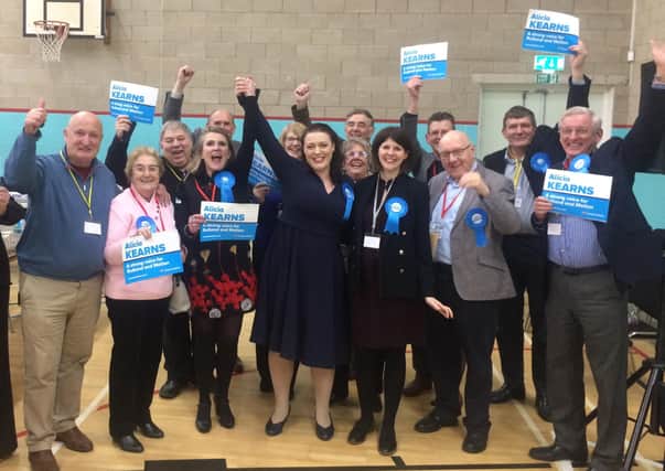 Rutland and Melton MP Alicia Kearns celebrates with Conservative supporters shortly after the result was declared at Melton Sports Village in December 2019 EMN-210806-090057001
