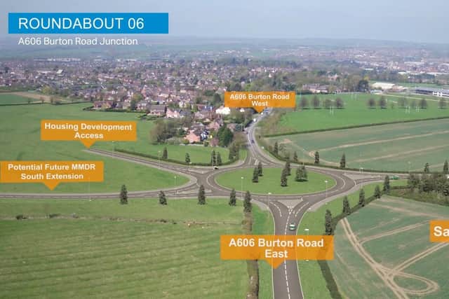 A computer-generated drone flight over the proposed Melton Mowbray Distributor Road (MMDR) showing where the road would end, at a new junction with the A606 Burton Road, and a link with a prroposed south section