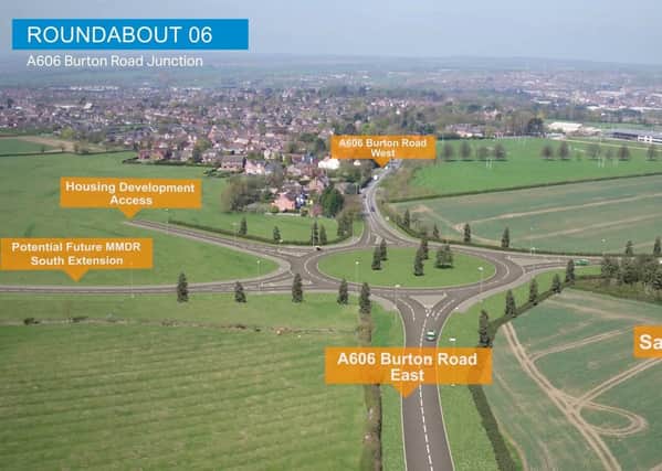 A computer-generated drone flight over the proposed Melton Mowbray Distributor Road (MMDR) showing where the road would end, at a new junction with the A606 Burton Road, and a link with a prroposed south section