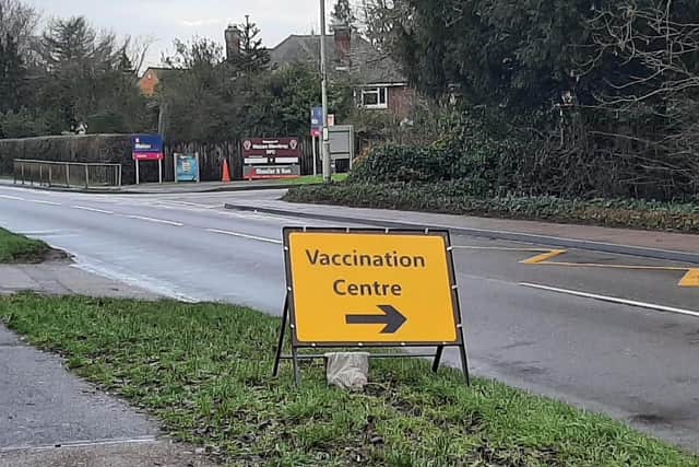 The sign on Burton Road indicating the turning for the Melton Vaccination Centre EMN-211106-183117001