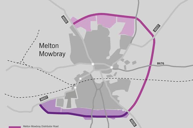 The route of the approved Melton Mowbray Distributor Road (MMDR), connecting north, east and south, and how it would join with the planned southern link section EMN-210614-113312001
