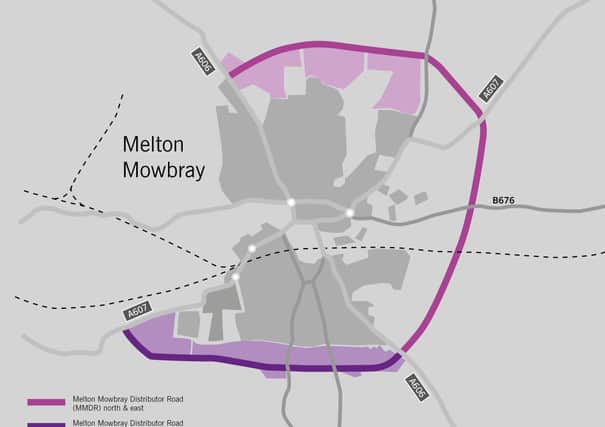 The route of the approved Melton Mowbray Distributor Road (MMDR), connecting north, east and south, and how it would join with the planned southern link section EMN-210614-113312001